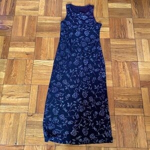 Vintage All That Jazz Black Slinky Maxi Dress with Glitter Flowers